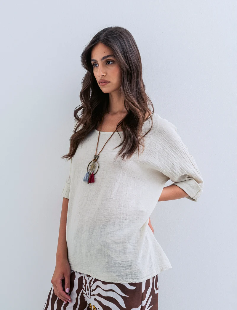 Casacca over con collana in cotone e lino - Beige