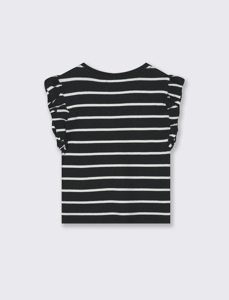 T-shirt da bambina in costina a righe - Nero-bianco
