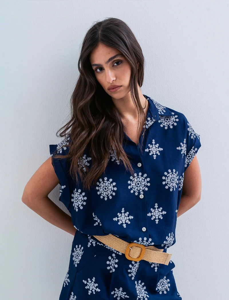 Camicia mezza manica tessuto ricamato - Blu