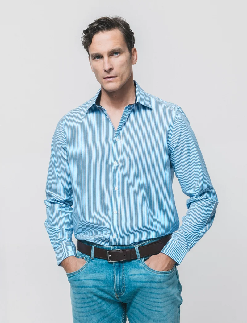Camicia Regular Fit Easy Iron Unita e Fantasia - Bluette