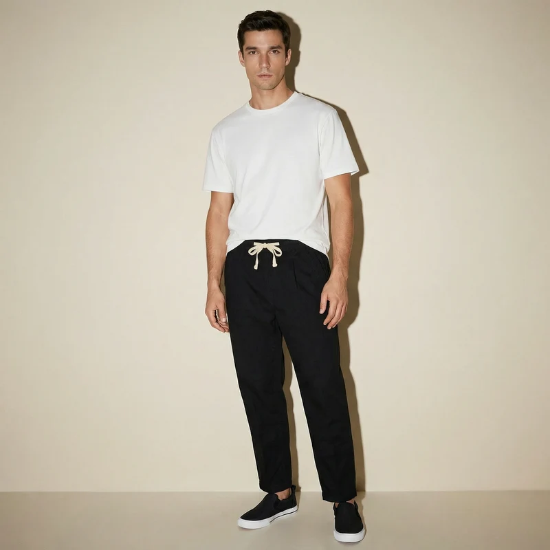 Pantaloni jogger in misto lino con tasche - Nero