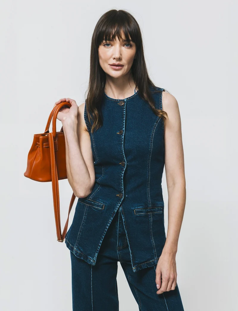 Gilet in denim lungo con bottoni e tasche - DENIM SCURO