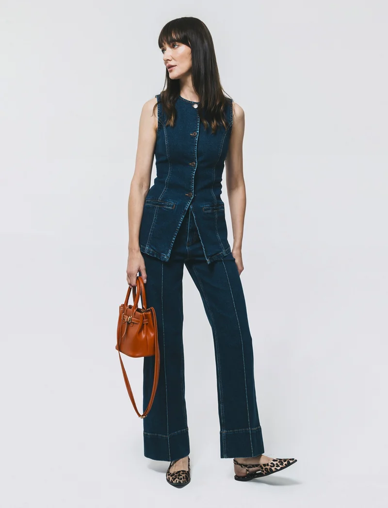 Gilet in denim lungo con bottoni e tasche - DENIM SCURO