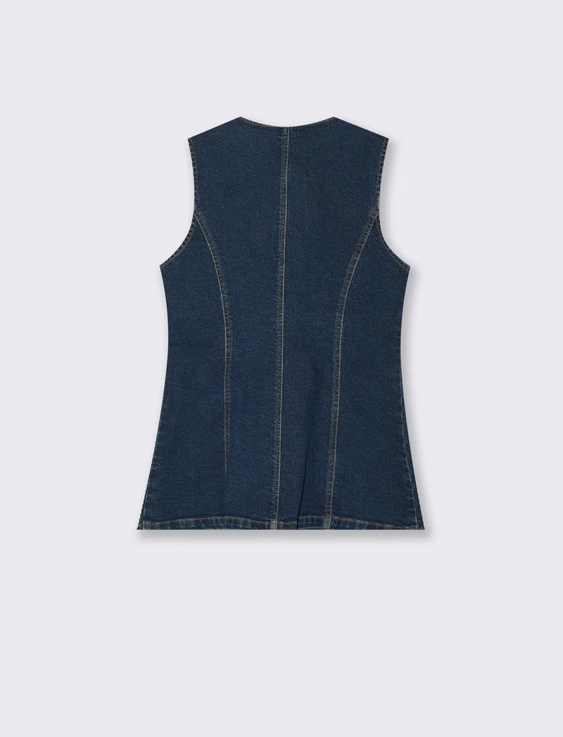 Gilet in denim lungo con bottoni e tasche - DENIM SCURO