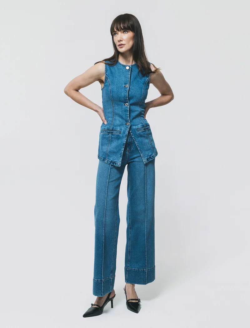 Gilet in denim lungo con bottoni e tasche - Denim