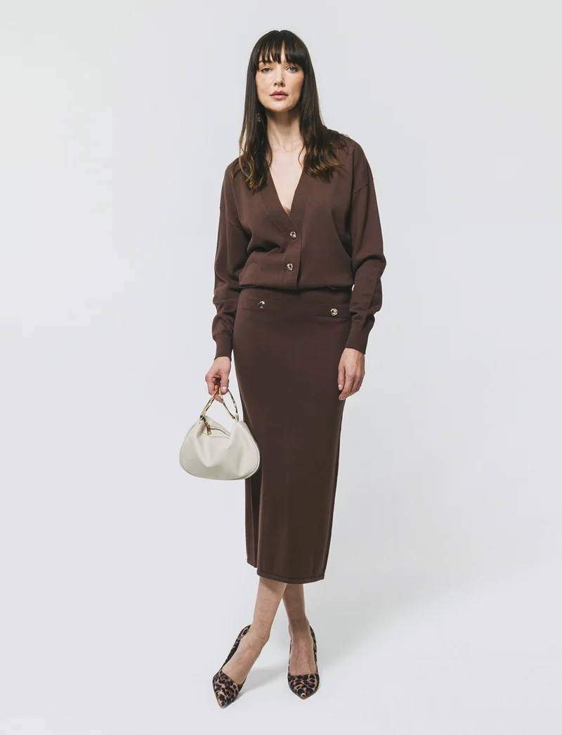 Gonna Longuette con Tasche e Bottoni - Marrone