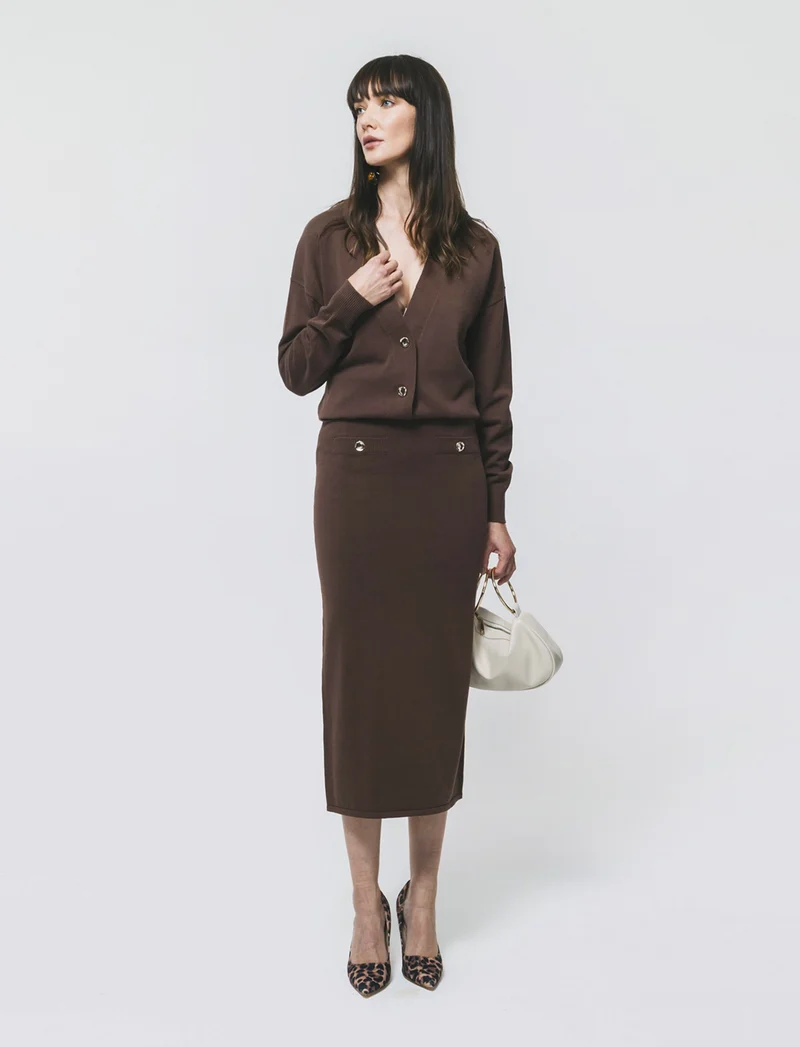 Cardigan Manica Lunga con Bordi Contrastanti - Marrone