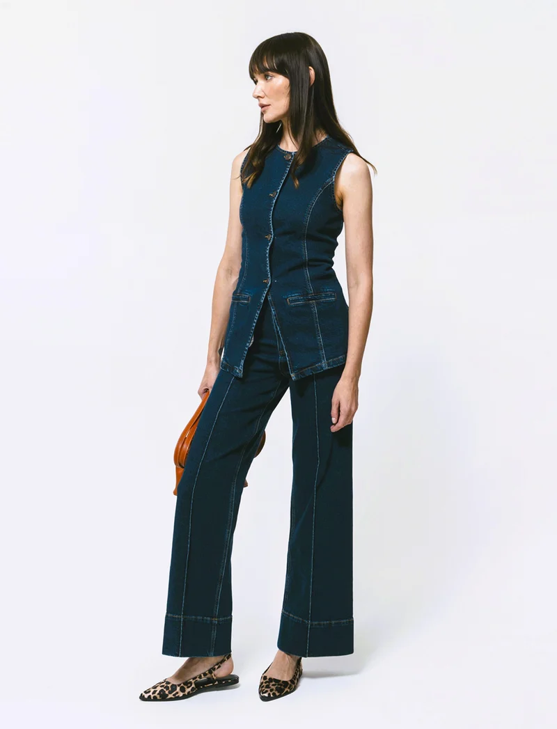 Jeans Gamba Larga con Vita Alta - DENIM SCURO