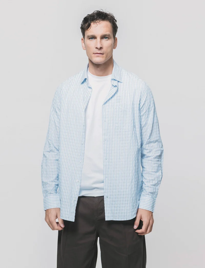 Camicia a righe in cotone da uomo - Celeste