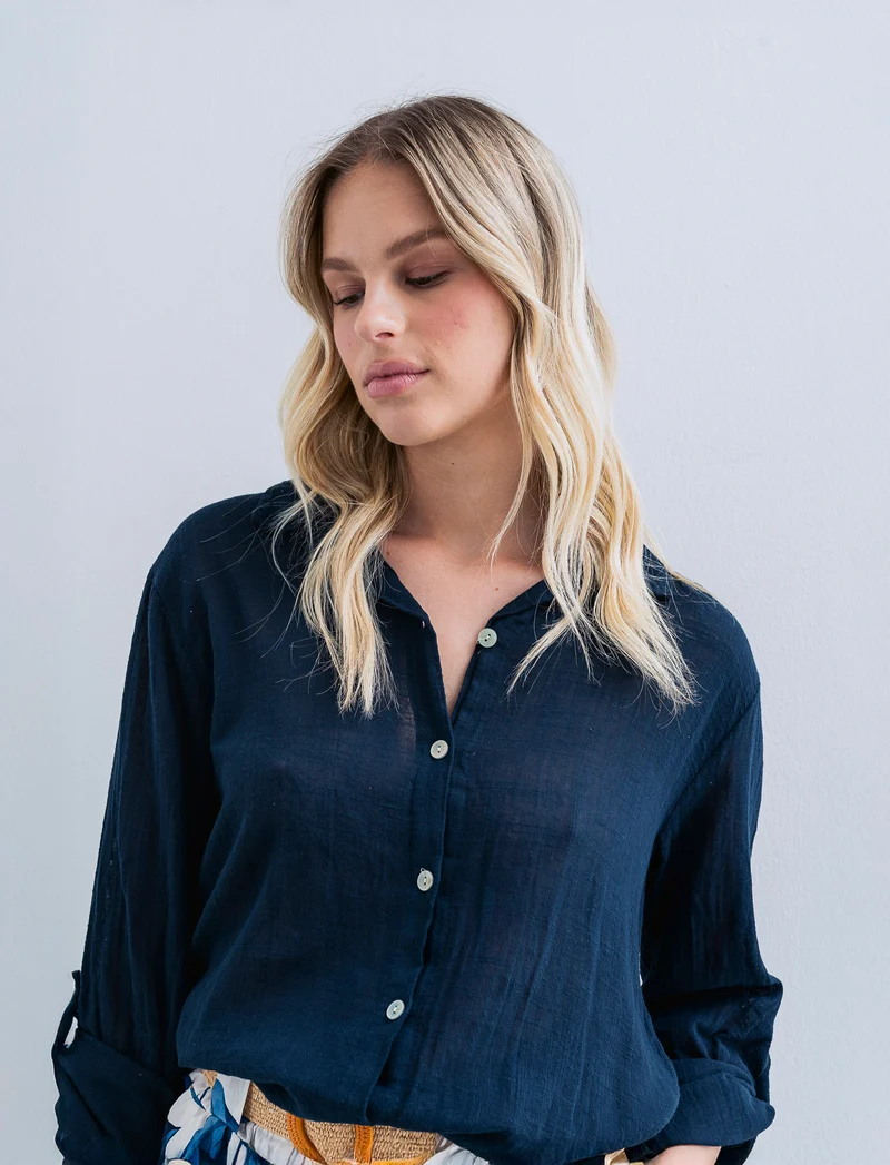 Camicia lunga in cotone per donna - Blu