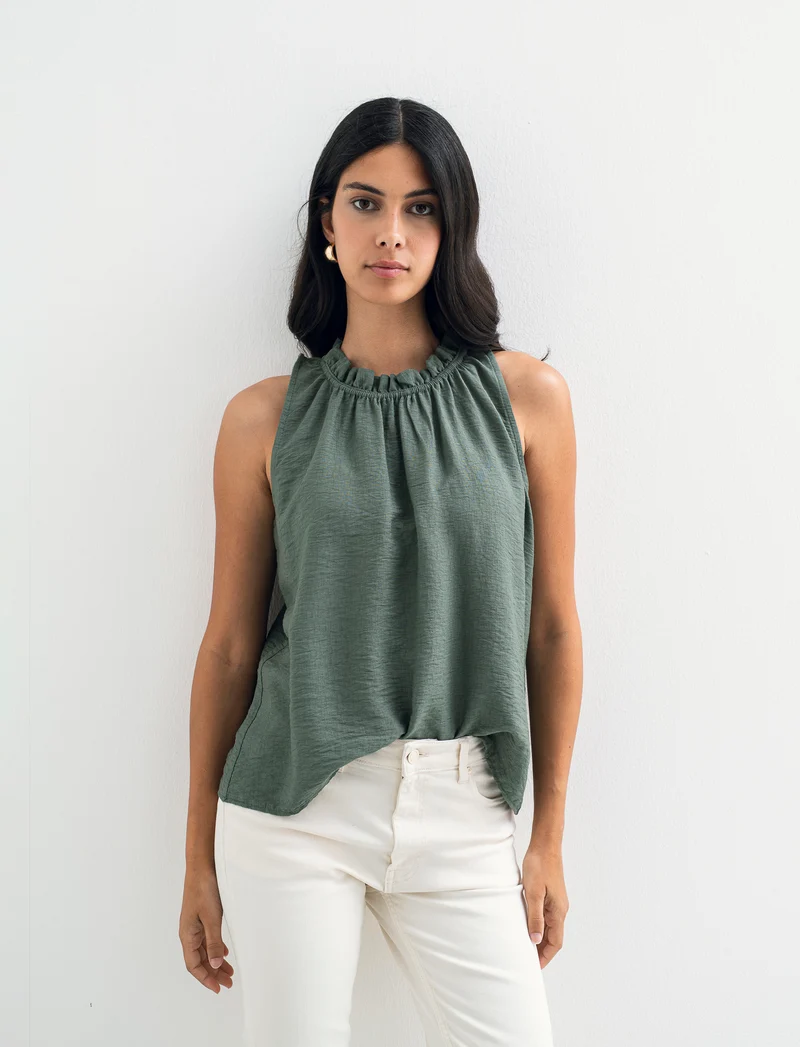 Top in cotone lavato con arriccio sul collo - Verde militare