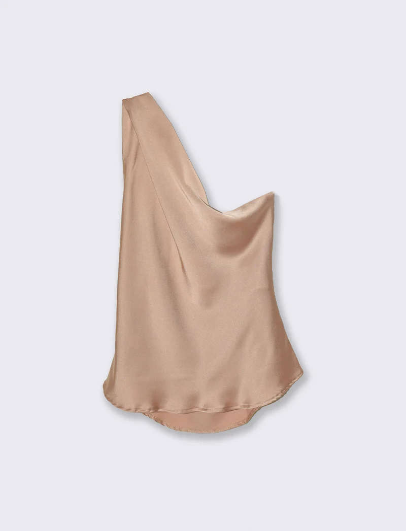 Top raso monospalla con accessorio - Beige champagne