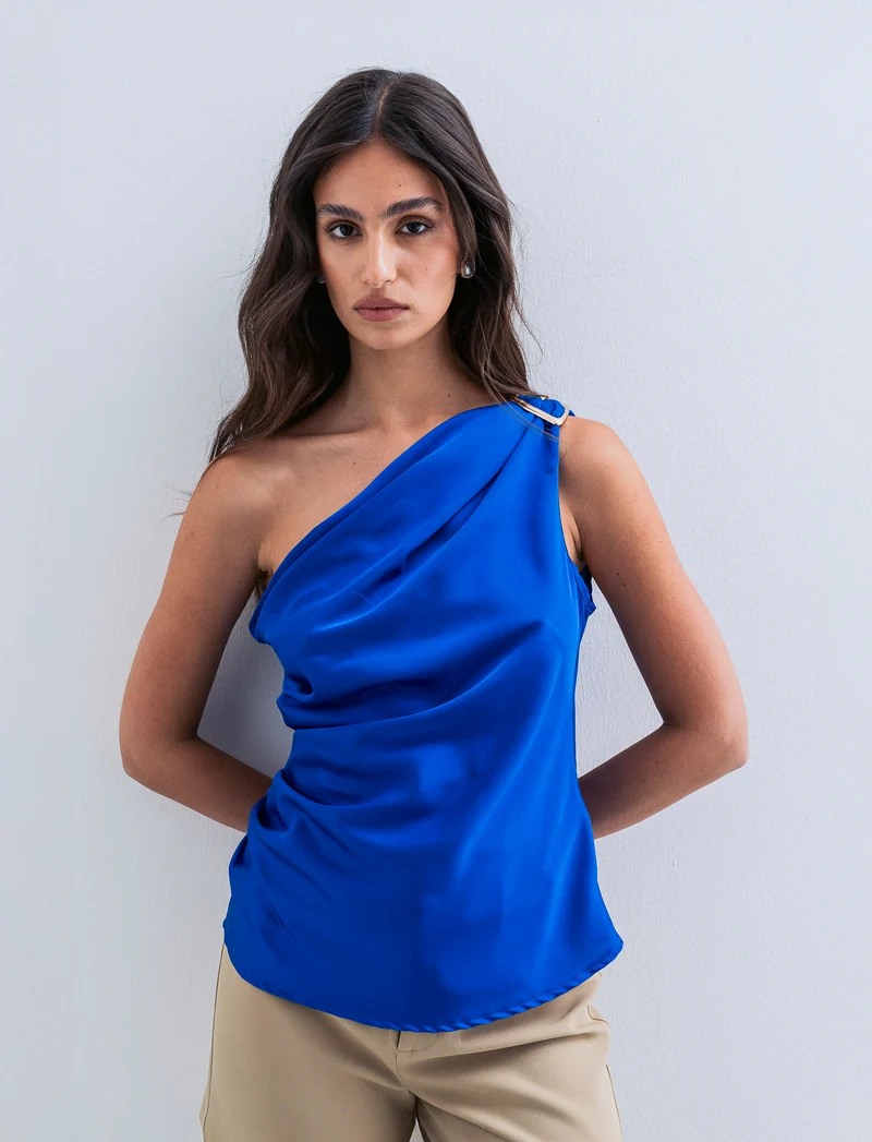 Top raso monospalla con accessorio - Bluette