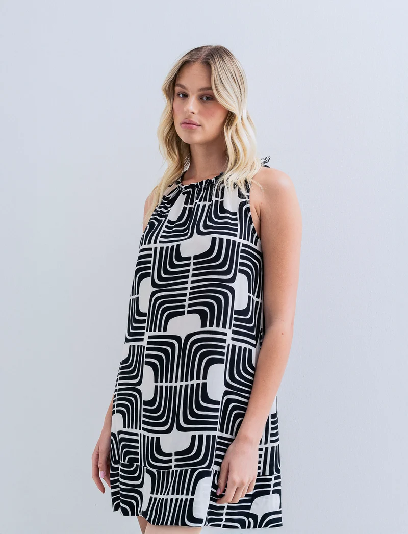 Vestito in viscosa stampato con arriccio - Nero