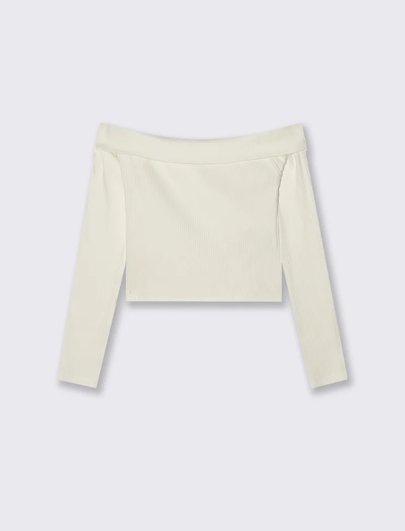 T-shirt bambina manica lunga scollo barca - Bianco latte
