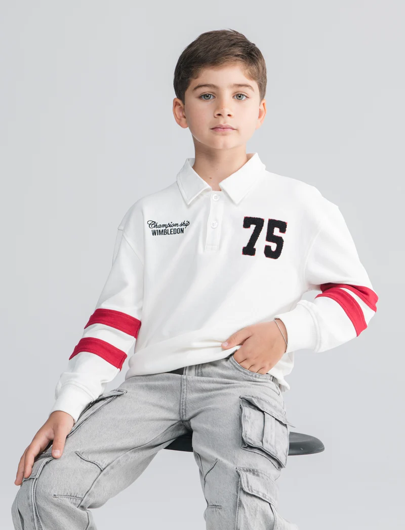 Felpa polo oversize con patch e ricami - Bianco latte