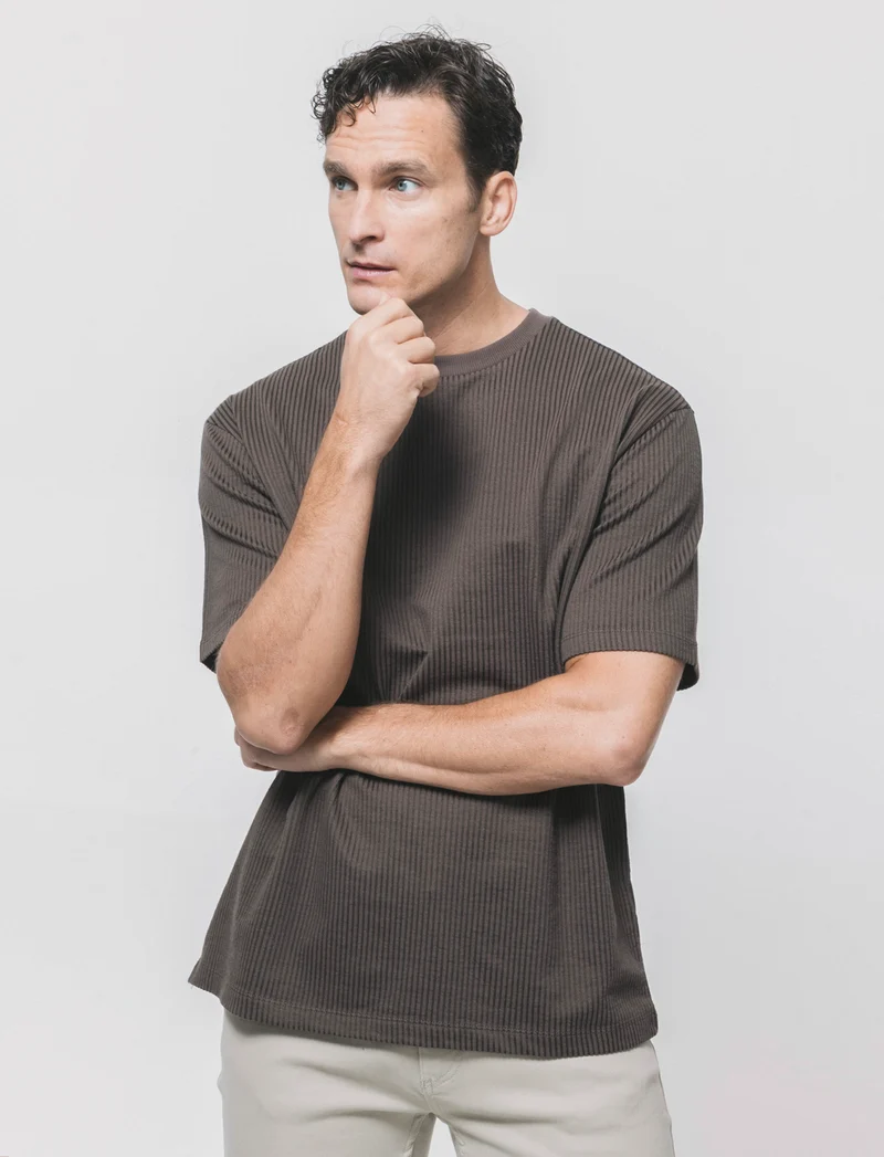 T-shirt girocollo in cotone jacquard - Moro