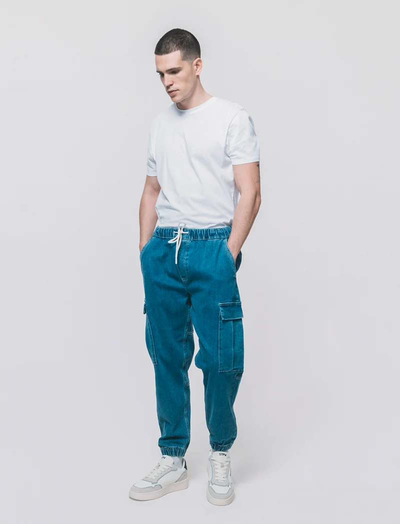 Jeans jogger cargo fit blu medio - Denim