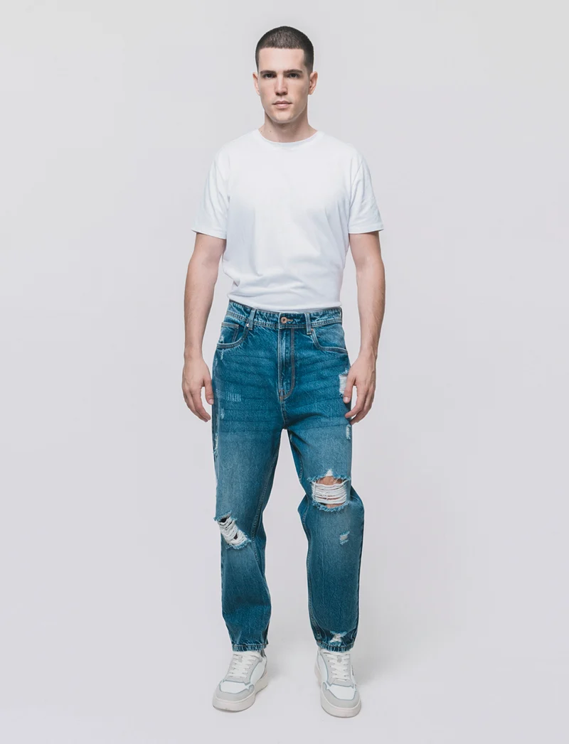 Jeans denim medio loose fit con strappi - Denim