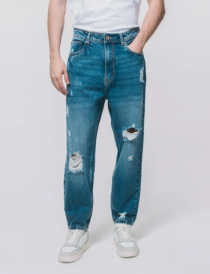 Jeans denim medio loose fit con strappi - Denim