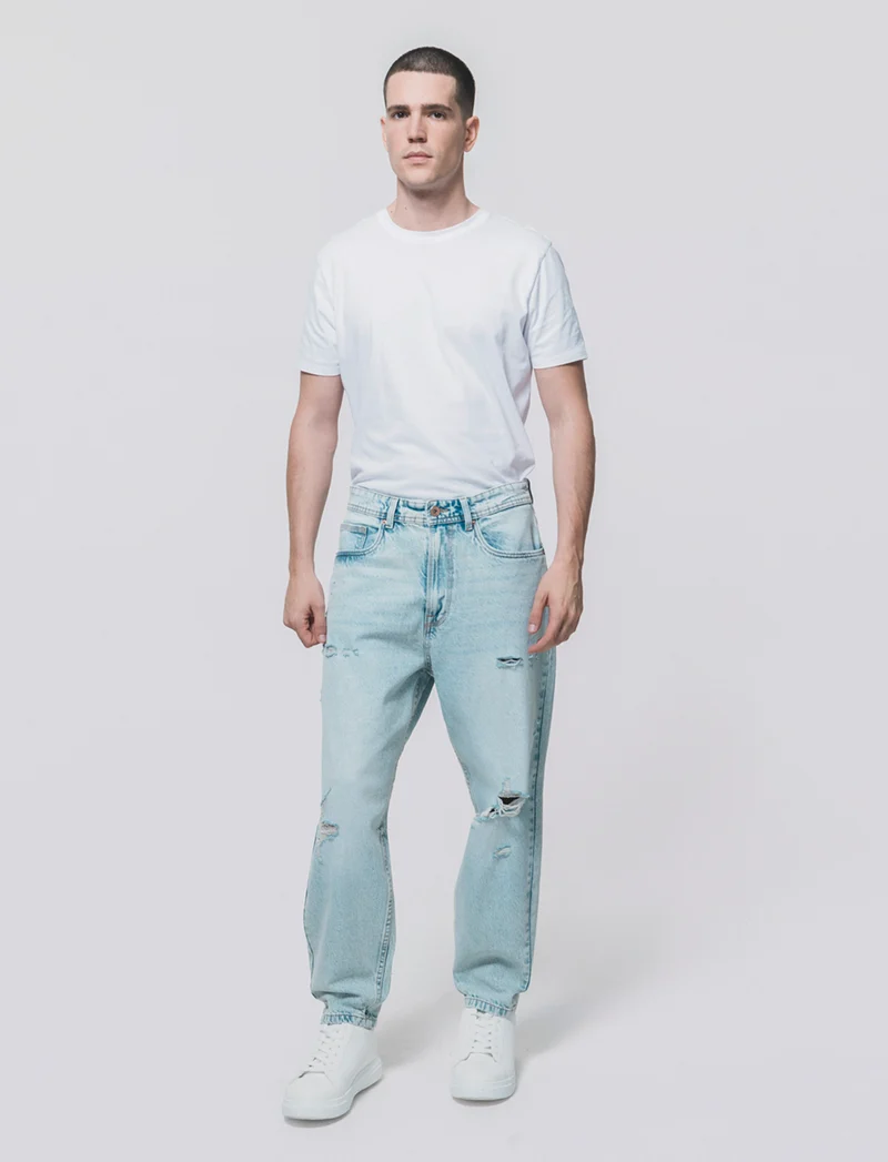 Jeans denim chiaro loose fit con strappi - Denim chiaro