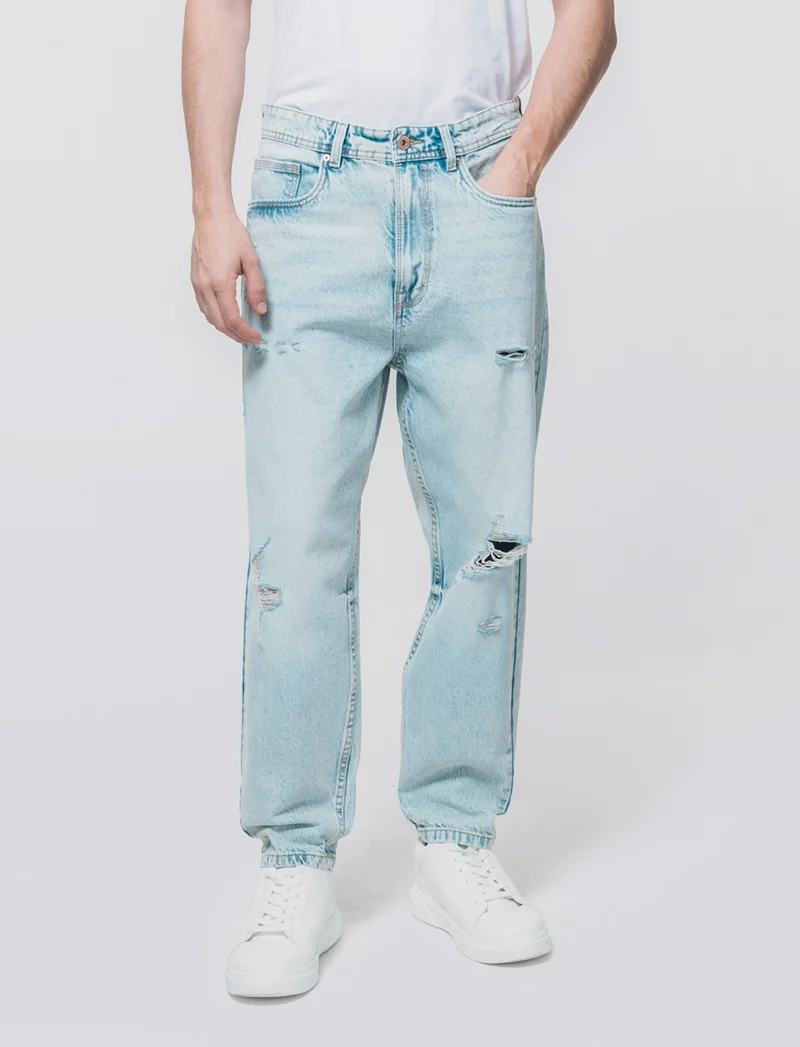 Jeans denim chiaro loose fit con strappi - Denim chiaro