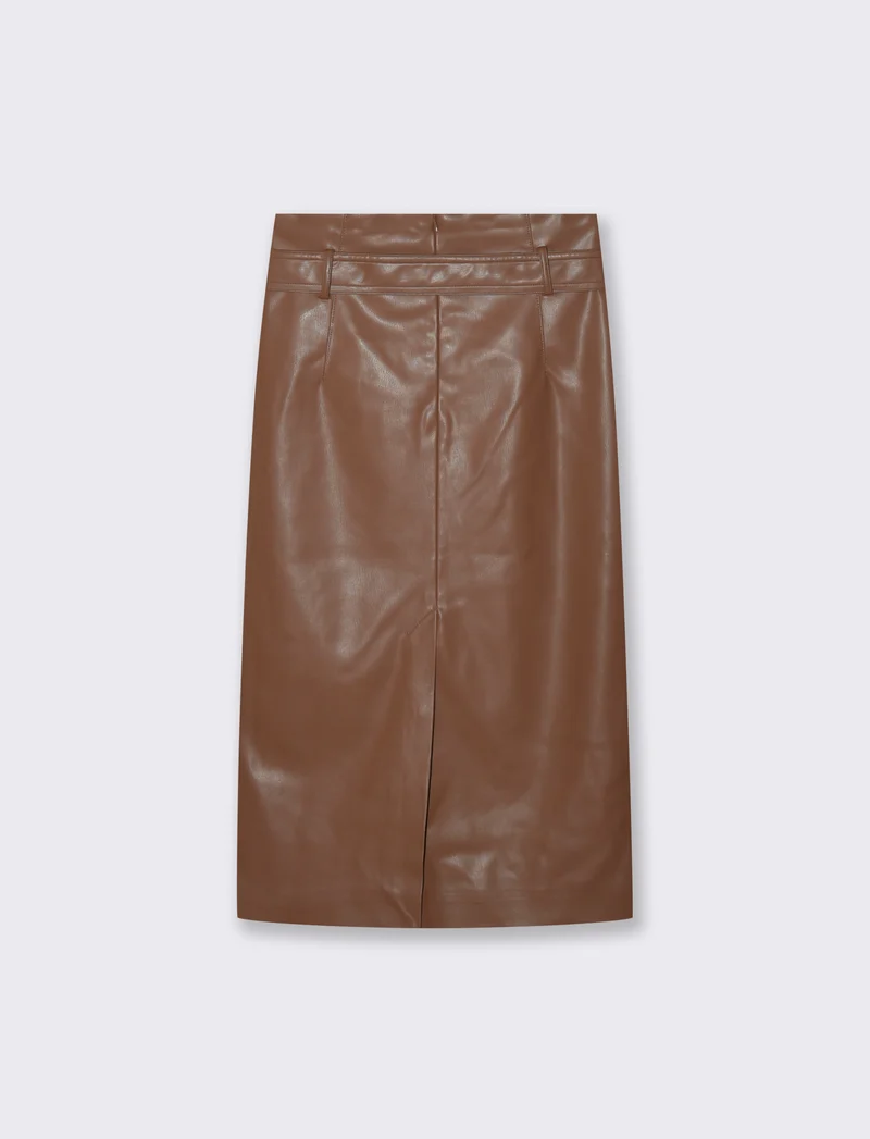 Gonna Longuette in Tessuto Effetto Pelle - Marrone