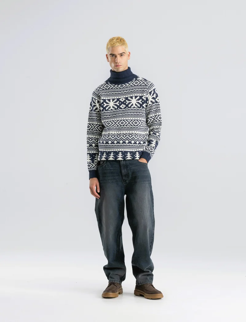 MAGLIA COLLO ALTO FANTASIA JACQUARD - Blu
