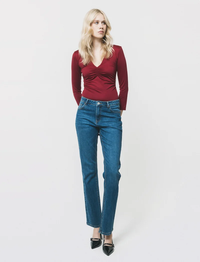 Body manica lunga scollo a V arricciato - Rosso india