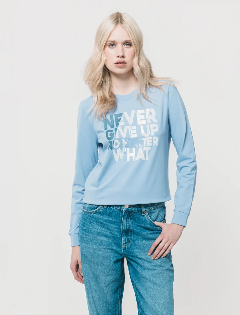 T-Shirt Manica Lunga con Stampa Frontale - Denim