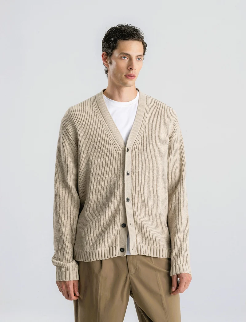 MAGLIA CARDIGAN IN CINIGLIA A COSTE - Beige