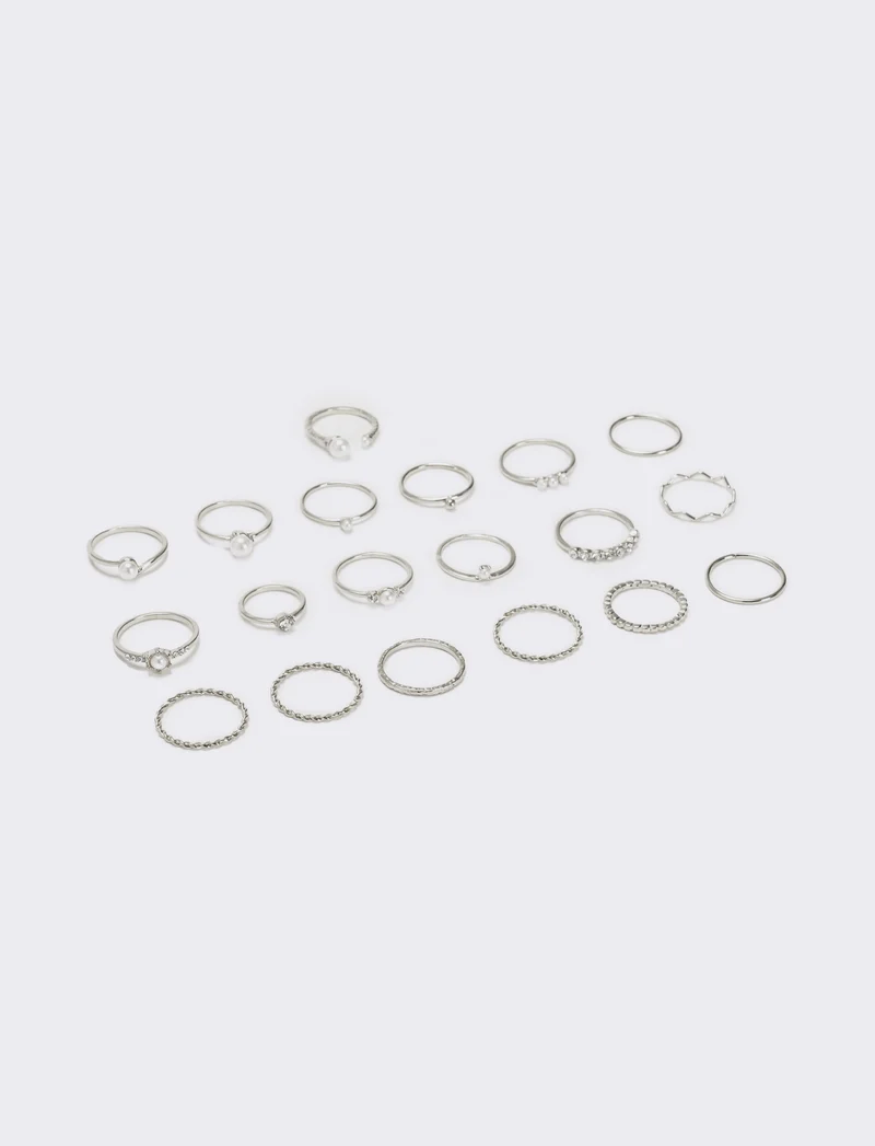 Card anelli donna 19 pezzi con perline - Argento