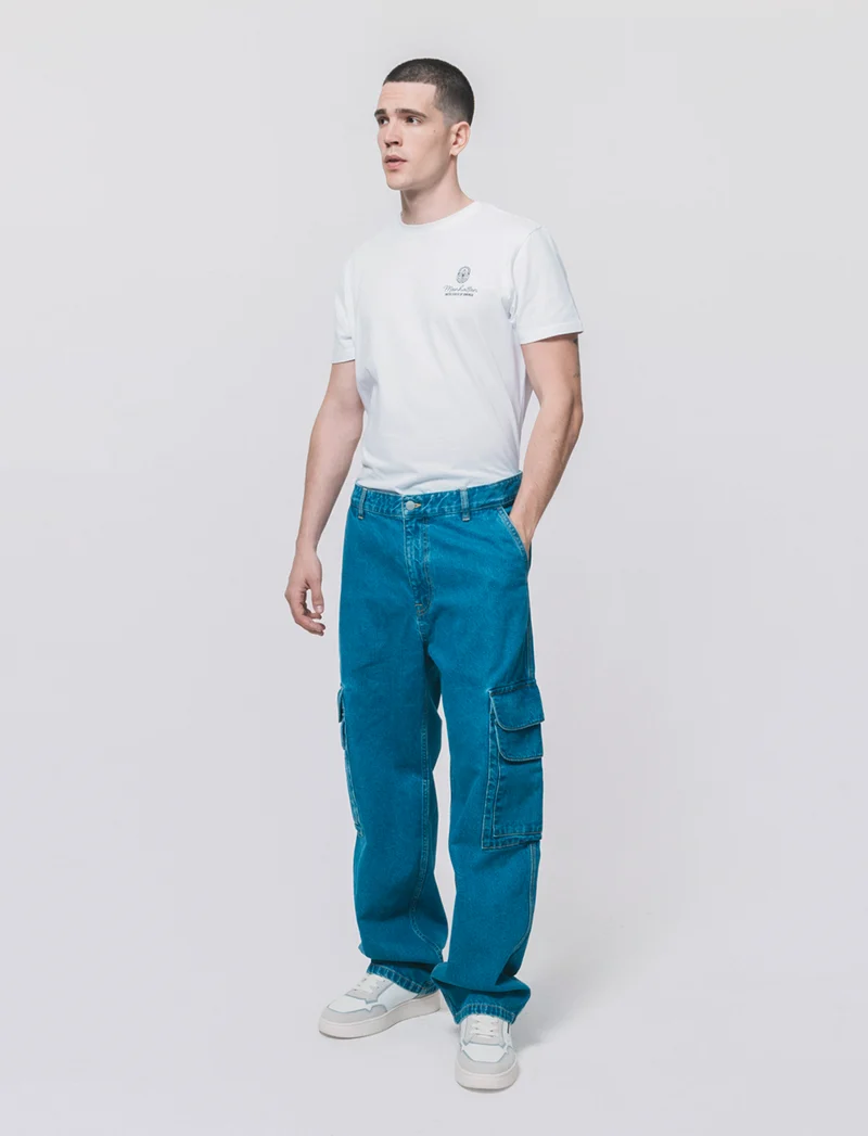 Jeans Baggy Cargo con Tasche Patta - Denim