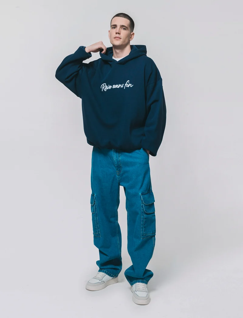 Felpa boxy con cappuccio e ricamo - Blu
