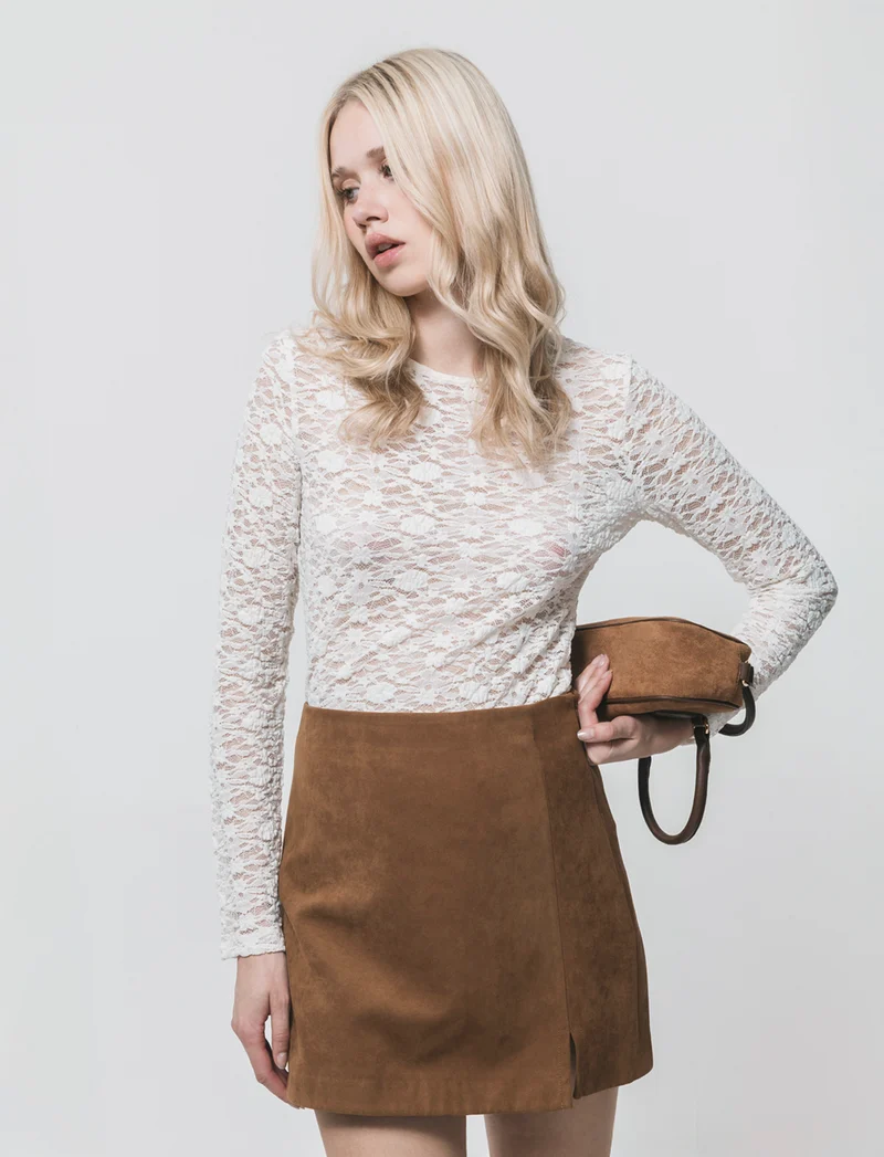 T-Shirt in Pizzo Manica Lunga Giro Collo - Avorio