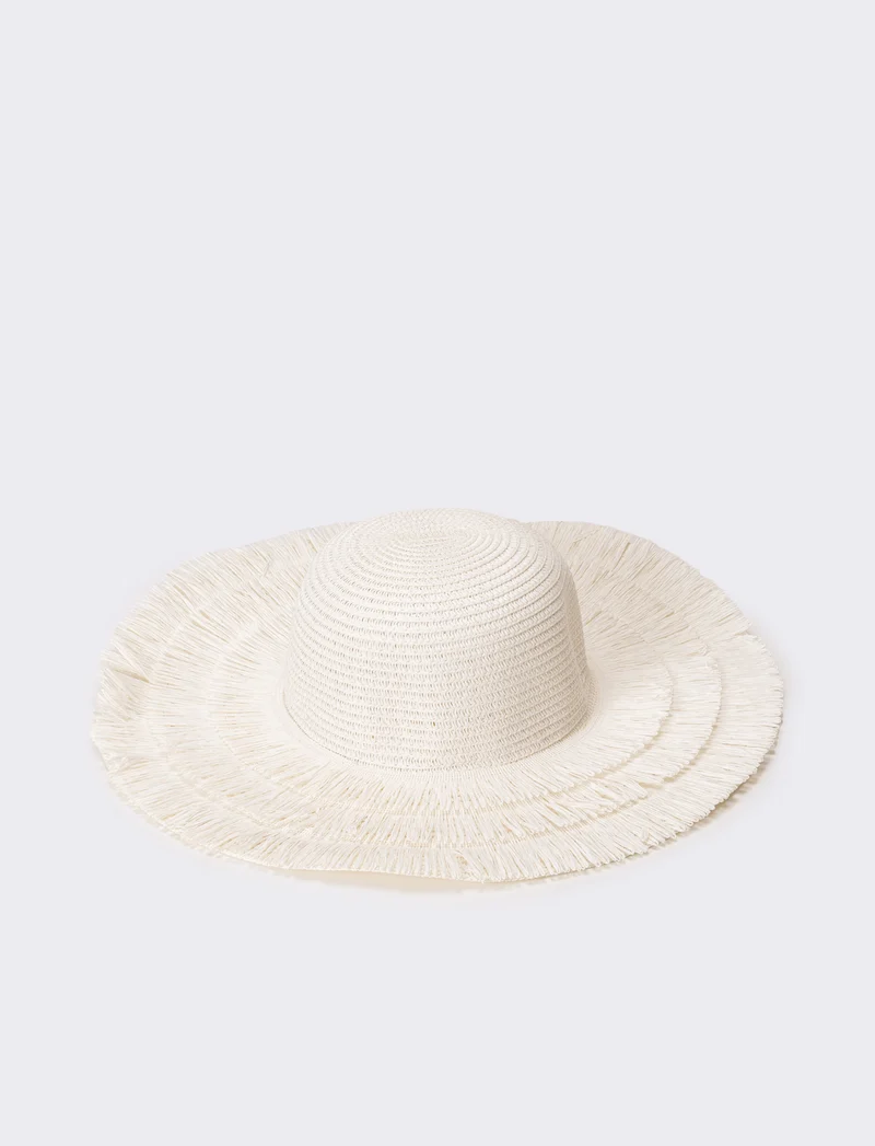 Cappello donna a falda larga con frange in raffia - Bianco