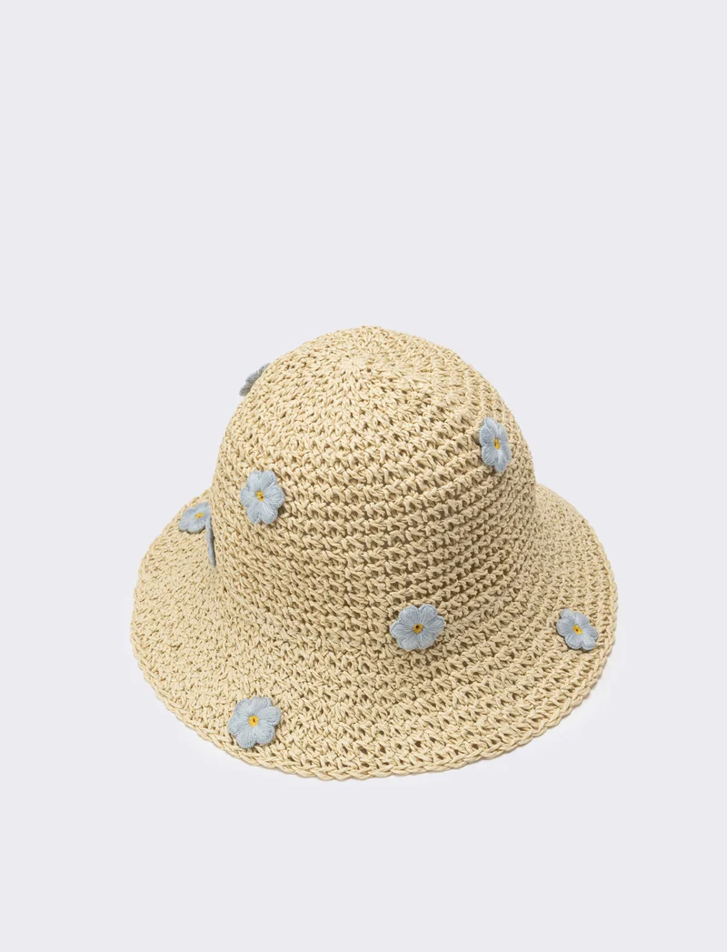 Cappello bambina pescatore con applicazioni fiori e frutta - Blu