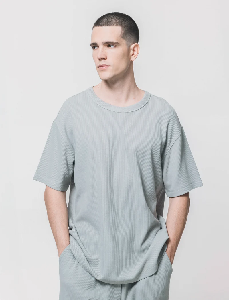 T-shirt girocollo in cotone a coste - Grigio