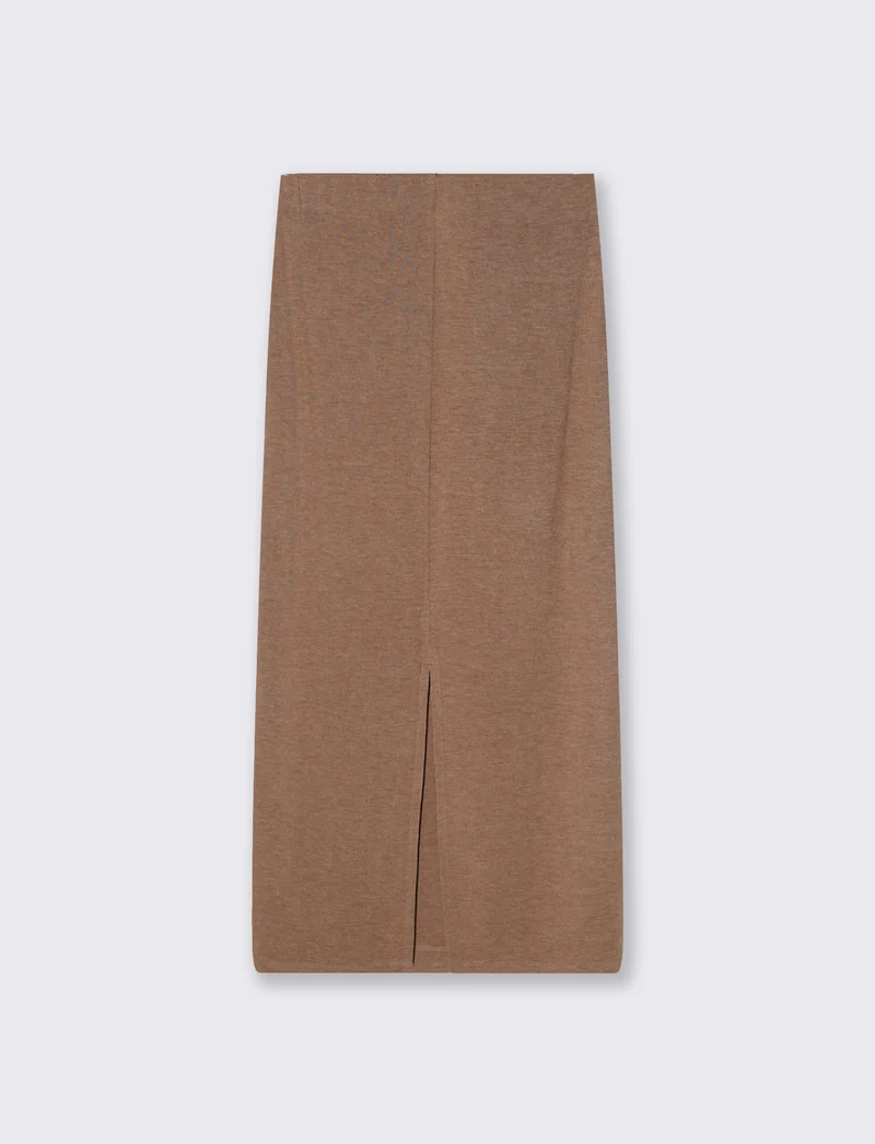 Gonna a tubino con elastico e spacco - Cammello