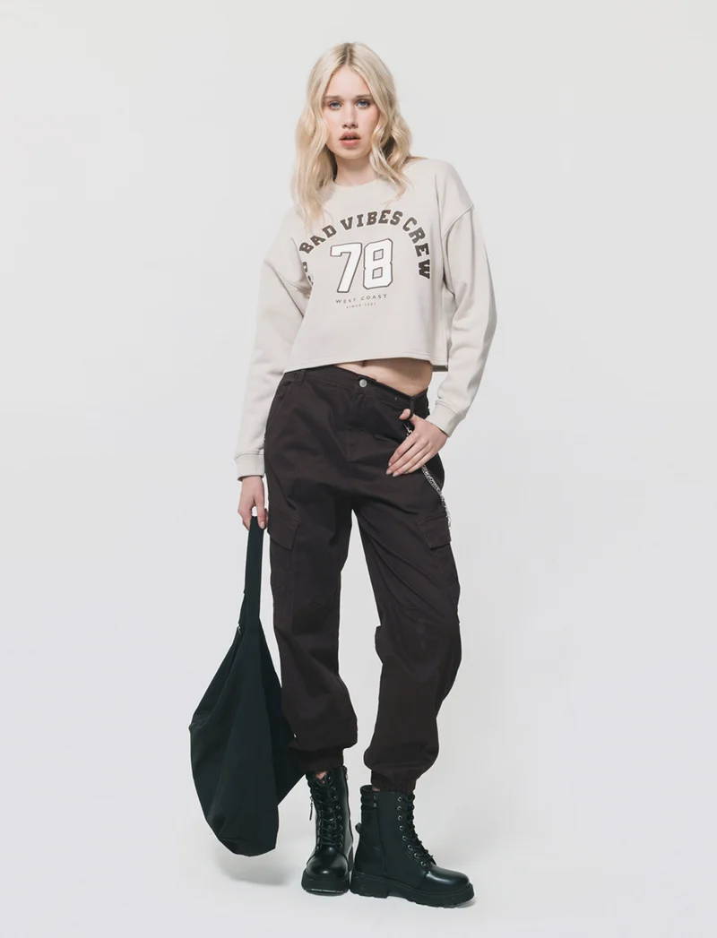 Felpa crop manica lunga con stampa - Beige grano