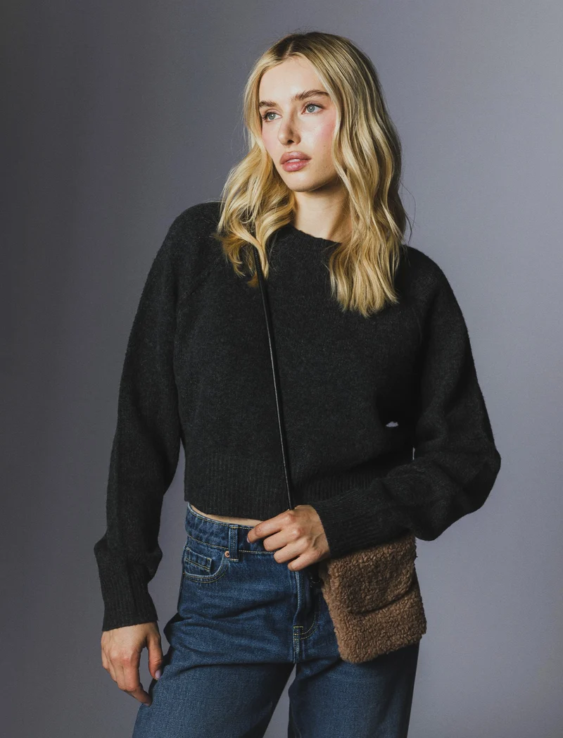 PULLOVER CROP CON CUCITURE IN RILIEVO - Antracite melange