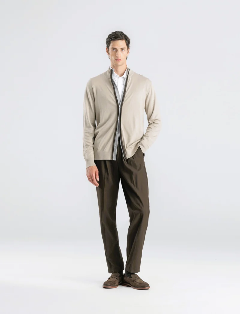 MAGLIA CARDIGAN CON BOTTONI E CERNIERA - Beige
