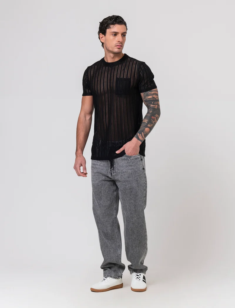 T-shirt in maglia crochet da uomo - Nero