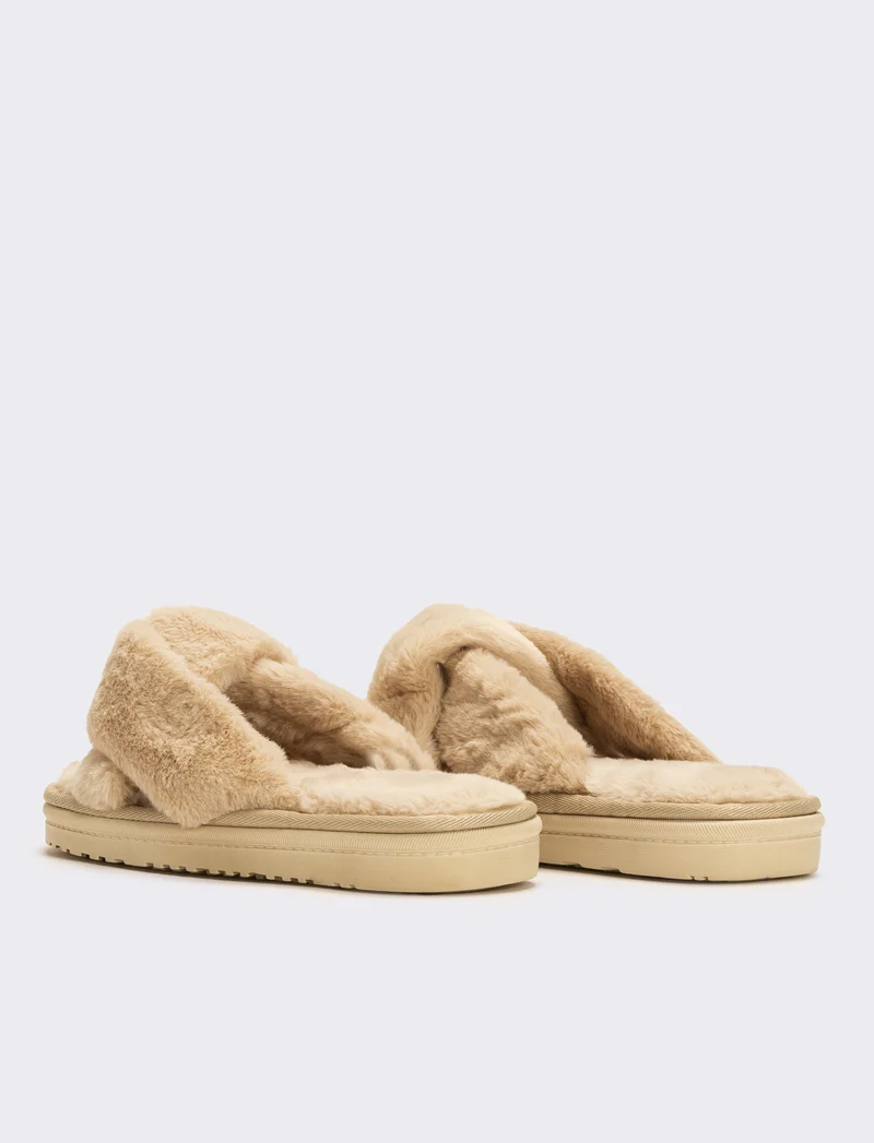 Pantofola aperta effetto furry da donna - Beige