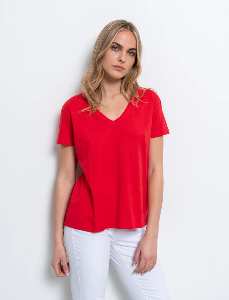 T-shirt scollo a v da donna - Rosso