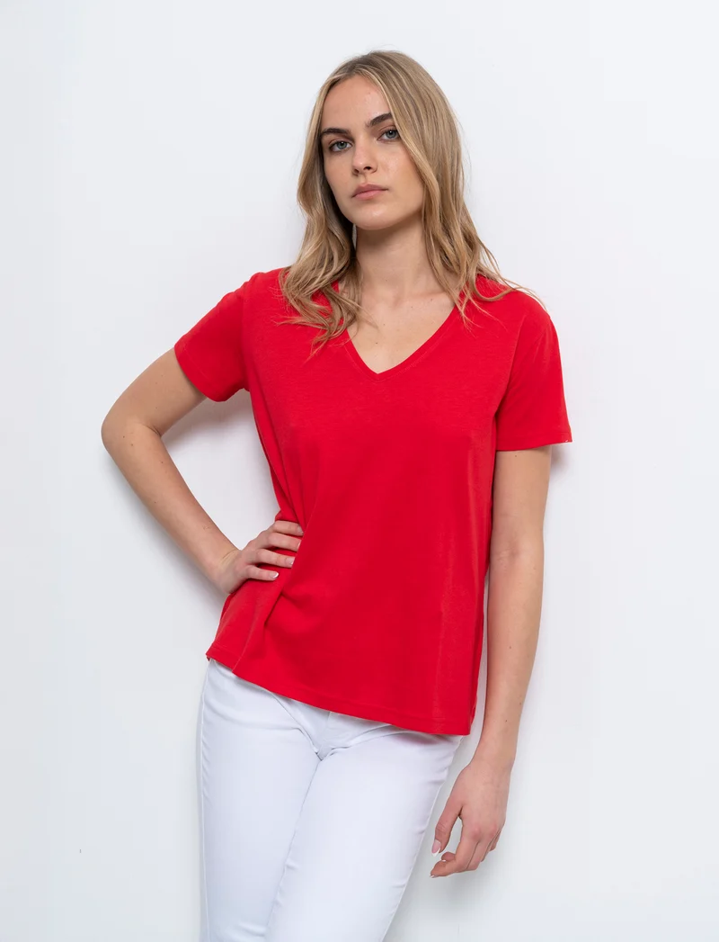 T-shirt scollo a v da donna - Rosso