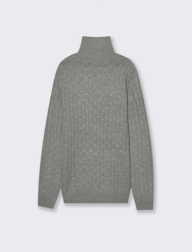 MAGLIA COLLO ALTO A TRECCE - Grigio mel.