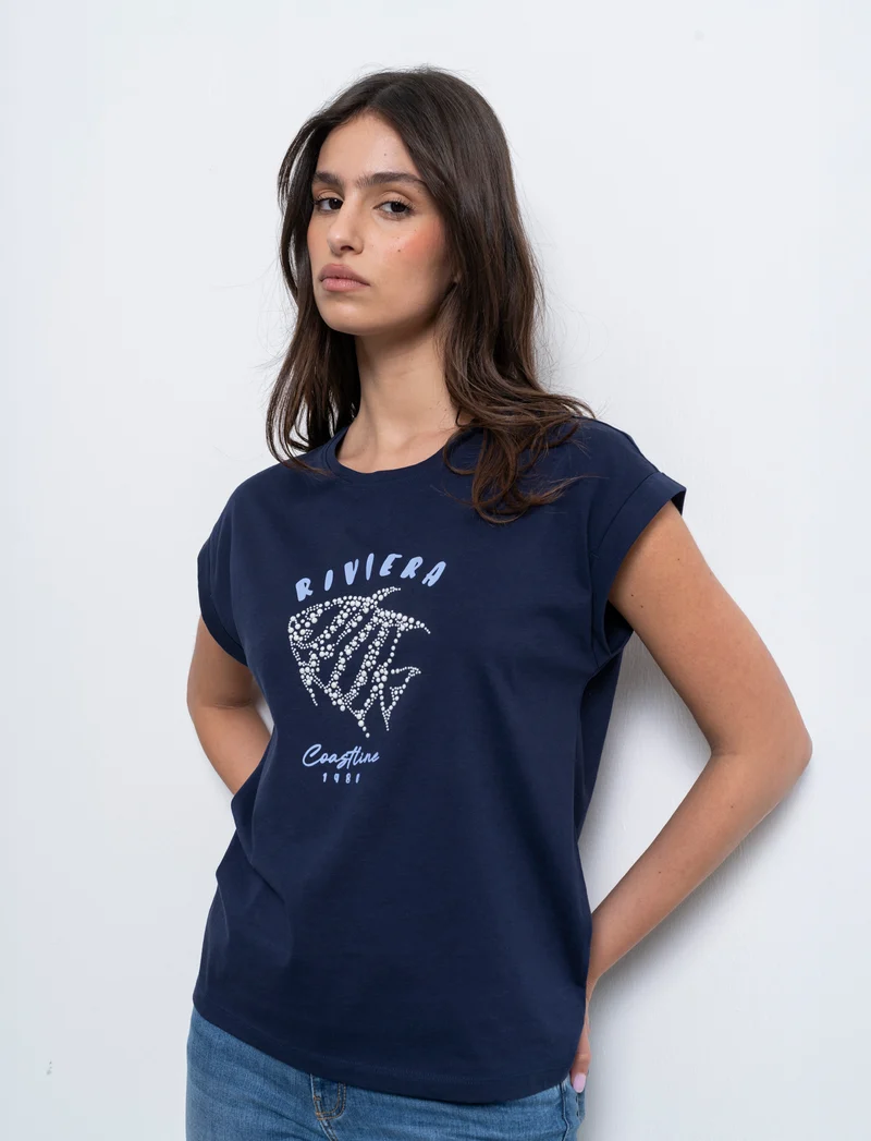 T-shirt con stampa e perline da donna - Blu
