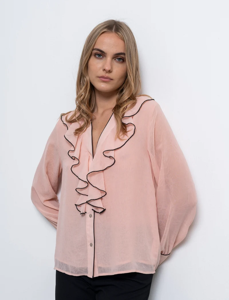 Camicia scollo a v e rusche da donna - Beige carne