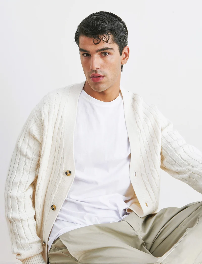 MAGLIA CARDIGAN A TRECCE: - Beige ecru
